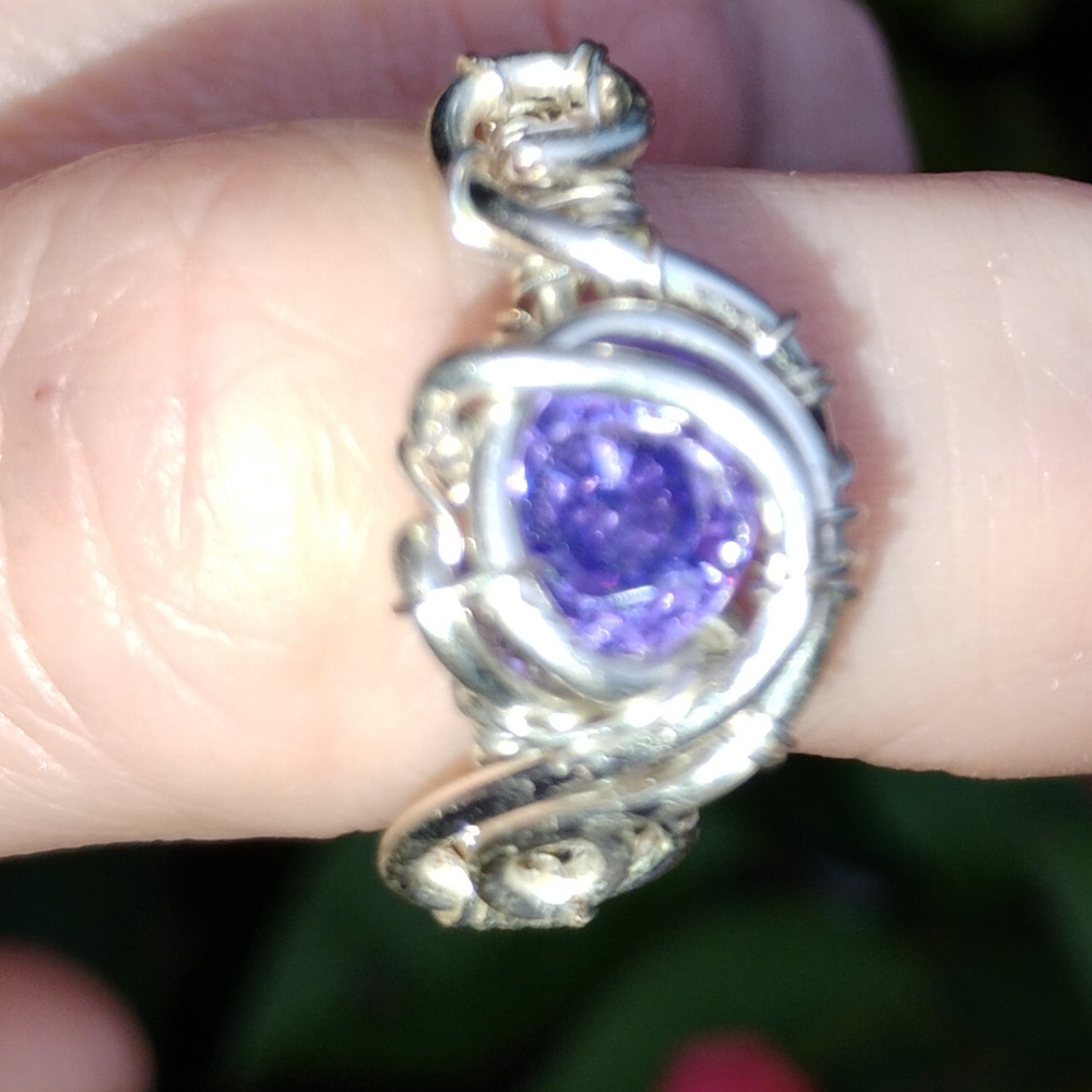 Elegant Purple Stone Silvertone Ring